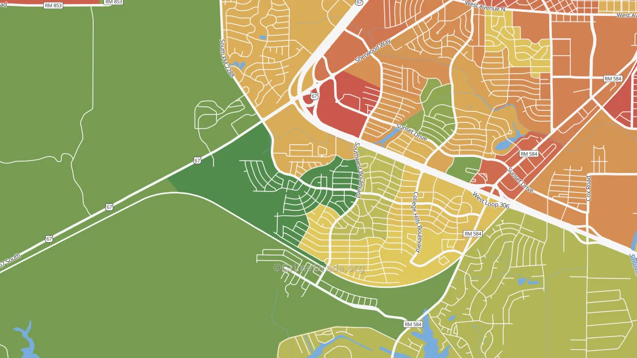 Bonham, San Angelo, TX Map of Theft Rates