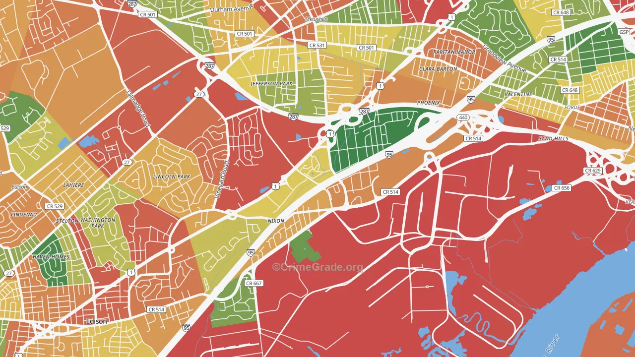 Bonhamtown, Edison, NJ Map of Theft Rates