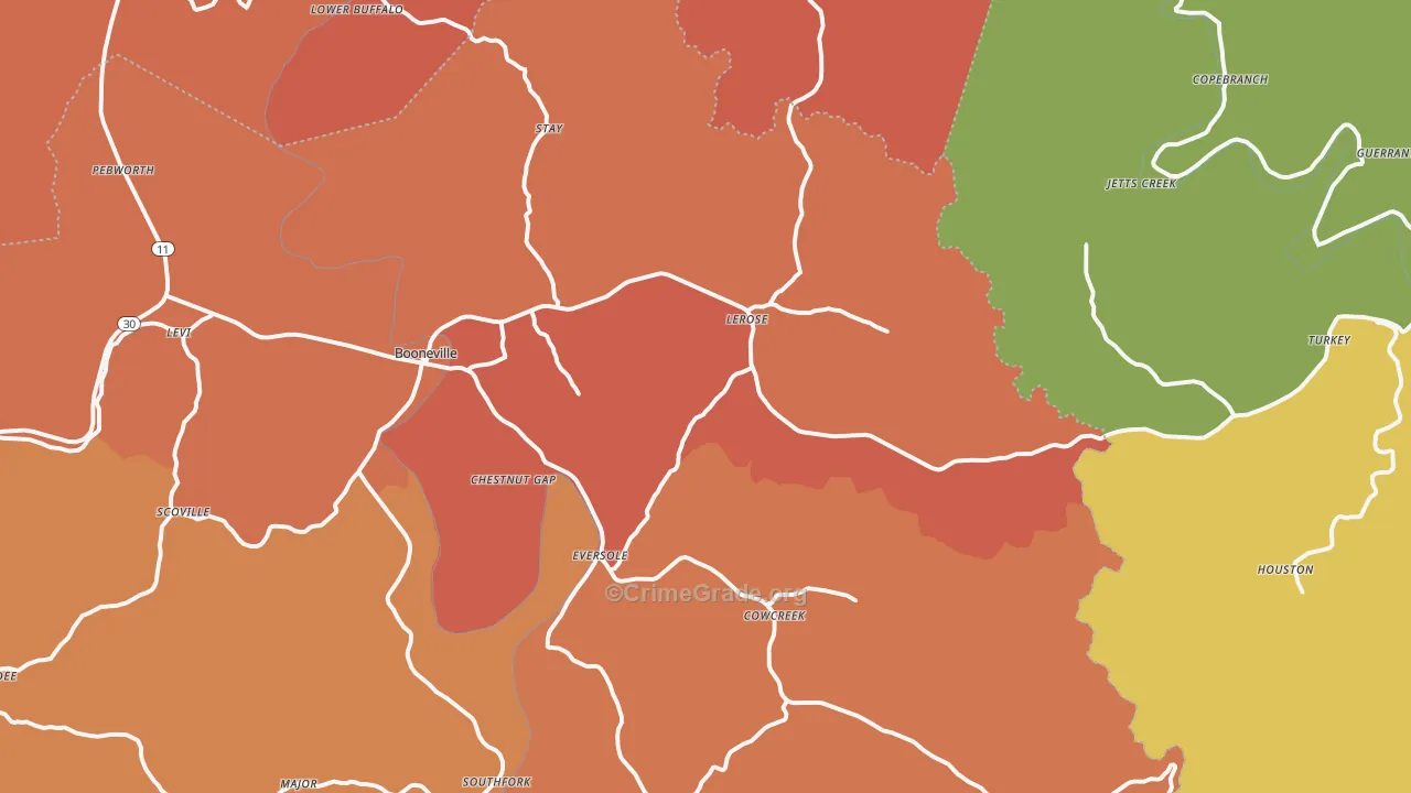 Booneville, KY Map of Theft Rates
