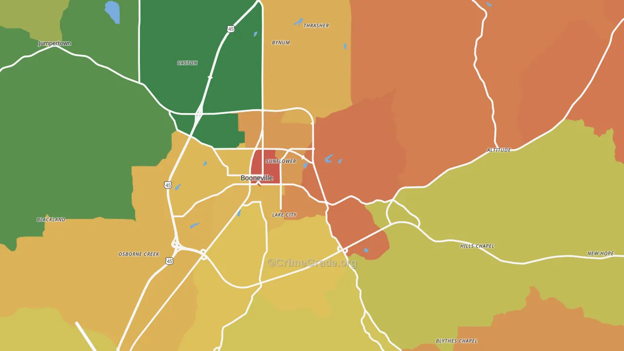 Booneville, MS Map of Theft Rates