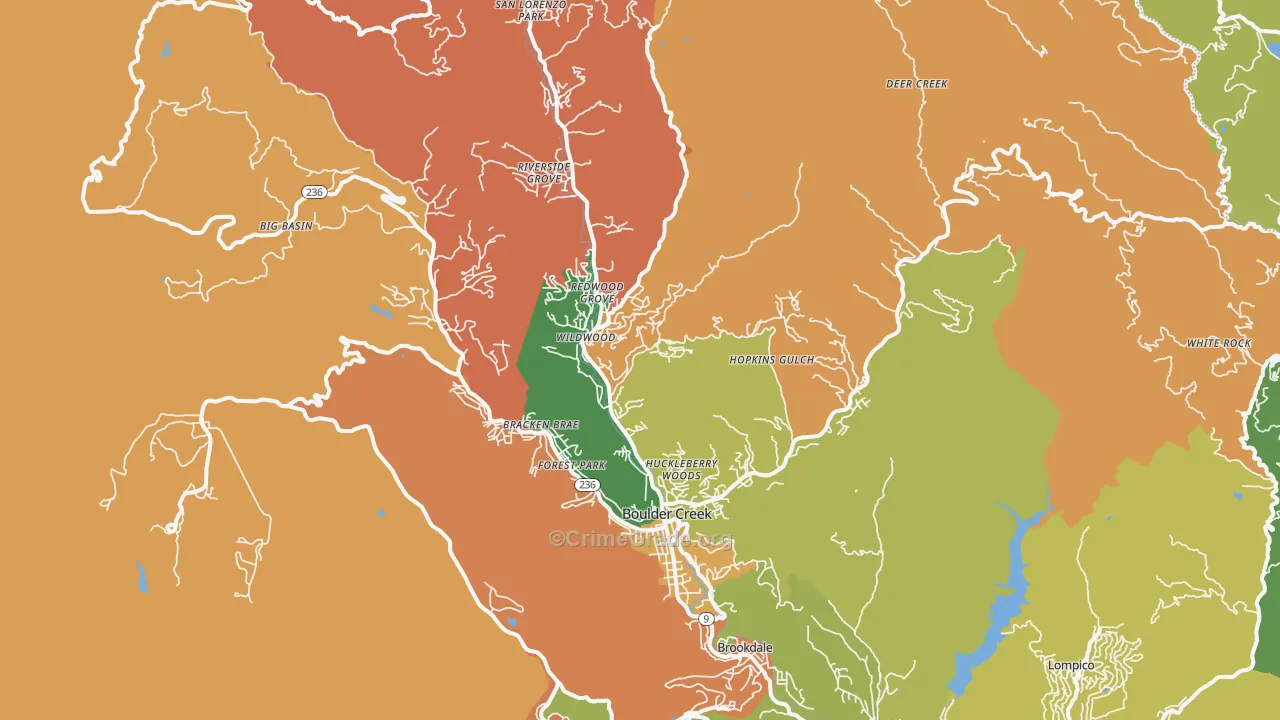 Boulder Creek, CA Map of Theft Rates