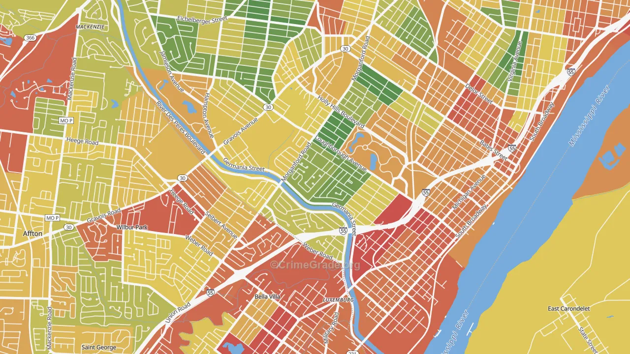 Boulevard Heights, St. Louis, MO Map of Theft Rates