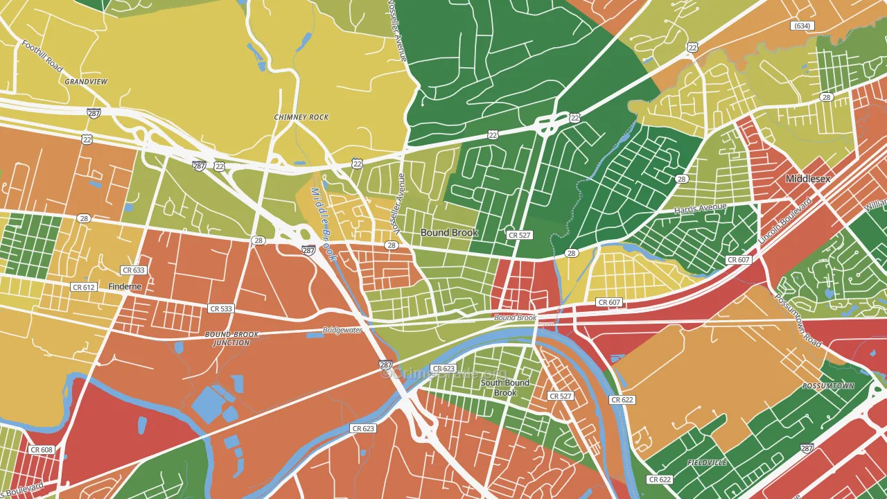Bound Brook, NJ Map of Theft Rates
