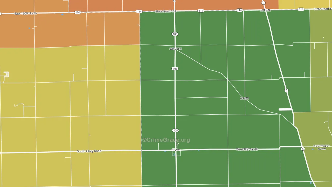 Bracken, IN Map of Theft Rates
