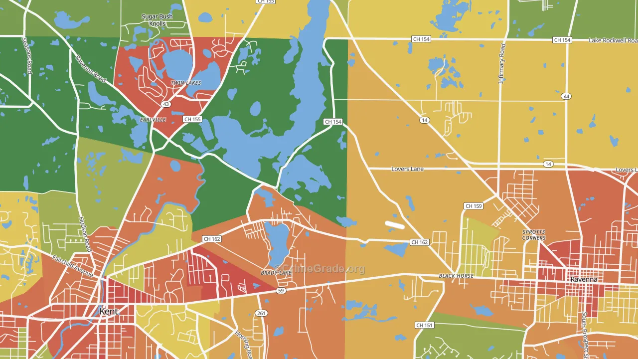 Brady Lake, OH Map of Theft Rates