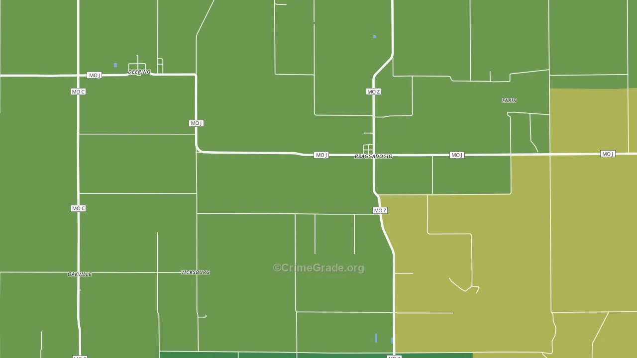 Braggadocio, MO Map of Theft Rates