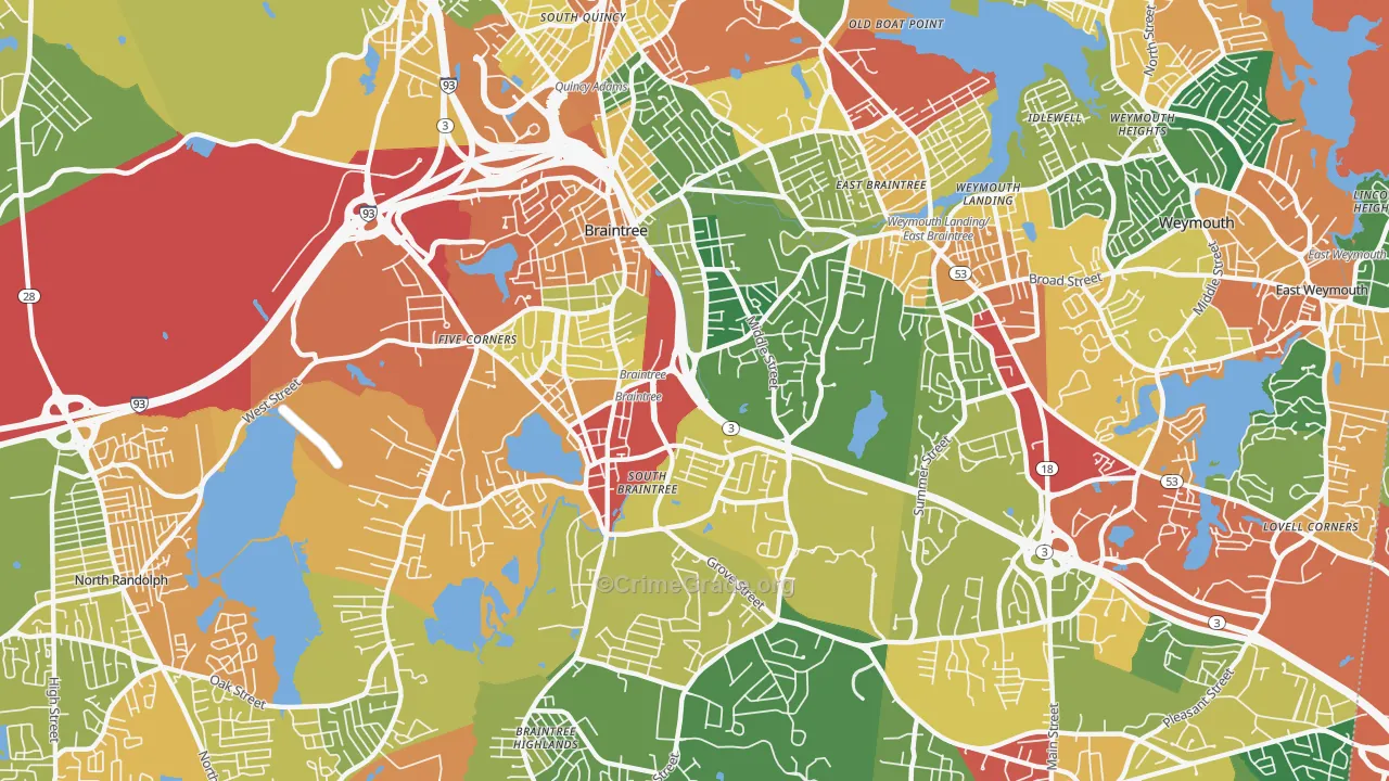 Braintree Town, MA Map of Theft Rates
