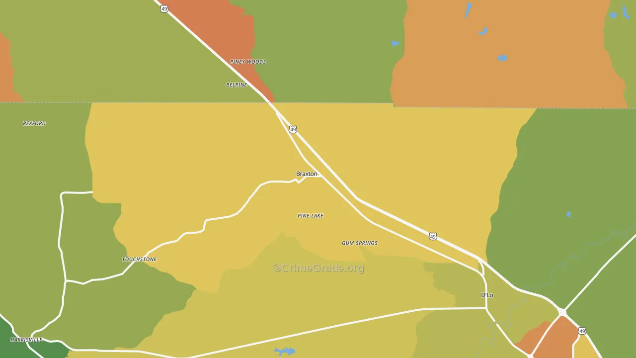 Braxton, MS Map of Theft Rates
