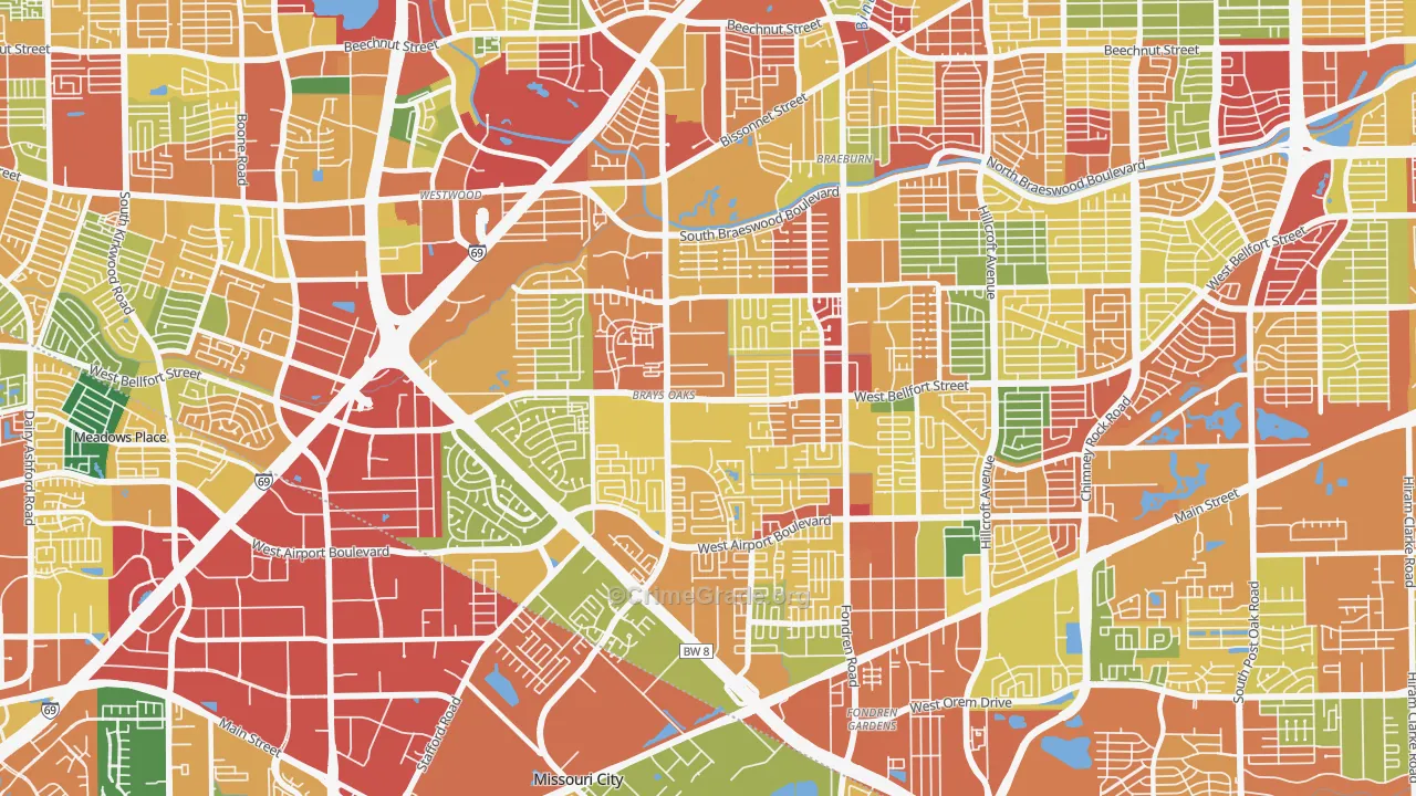 Brays Oaks, Houston, TX Map of Theft Rates