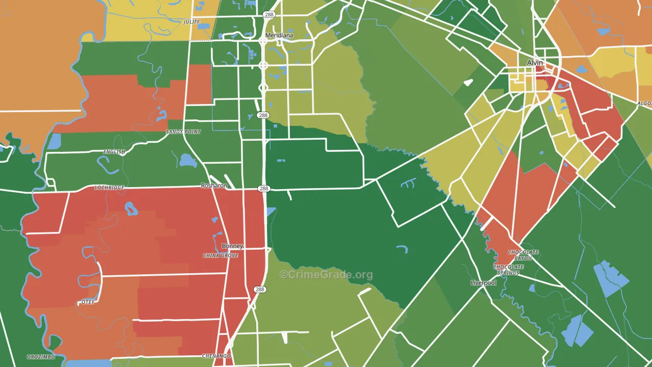 Brazoria County, TX Map of Theft Rates