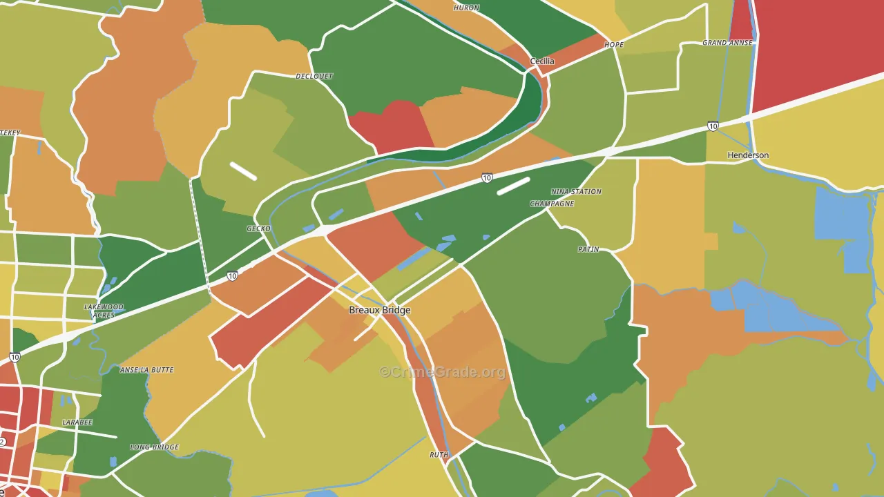 Breaux Bridge, LA Map of Theft Rates