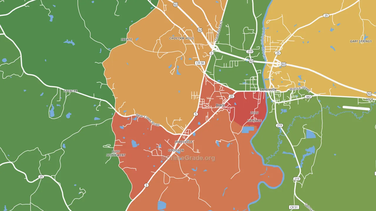 Brent, AL Map of Theft Rates