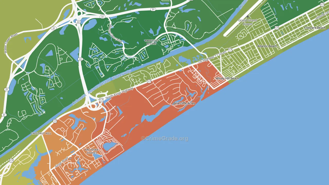 Briarcliffe Acres, SC Map of Theft Rates