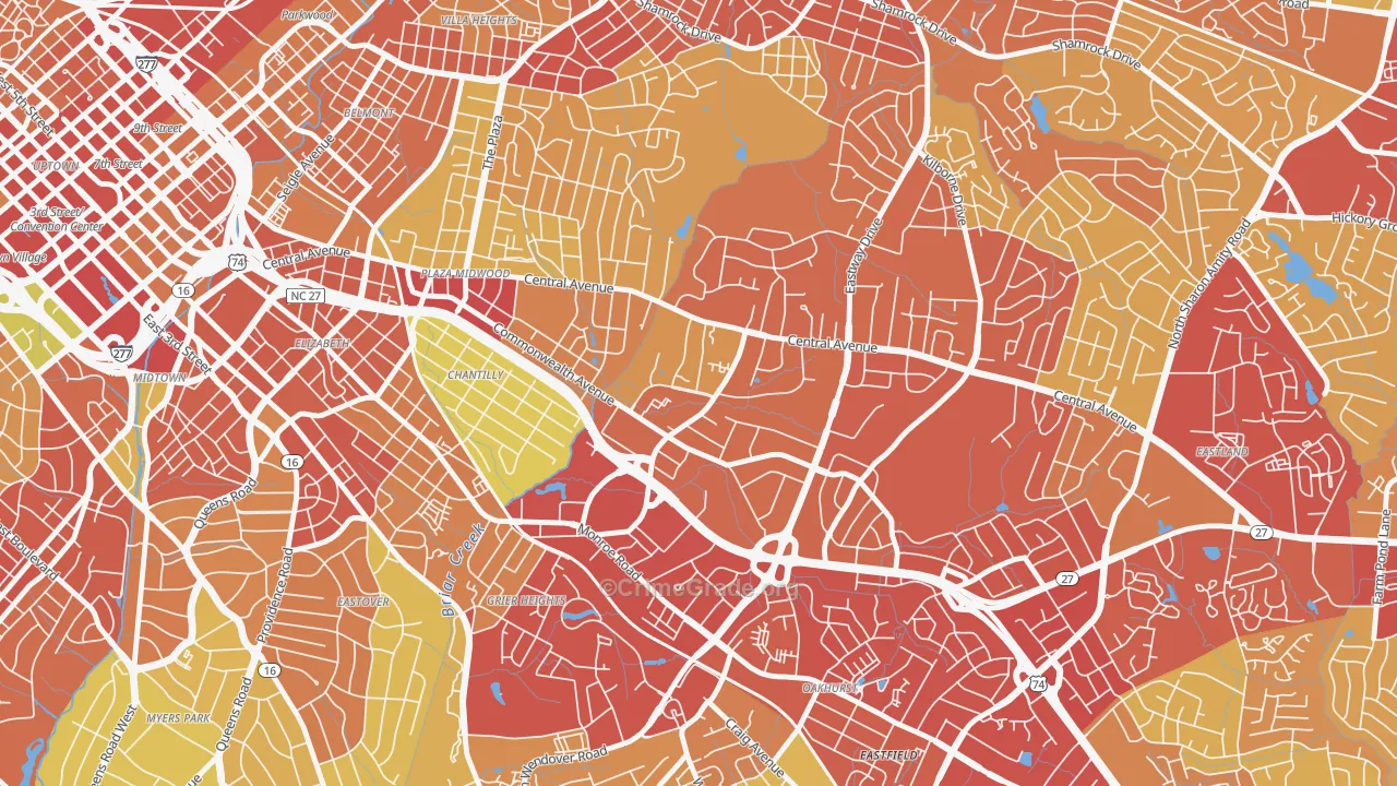 Briarcreek-Woodland, Charlotte, NC Map of Theft Rates