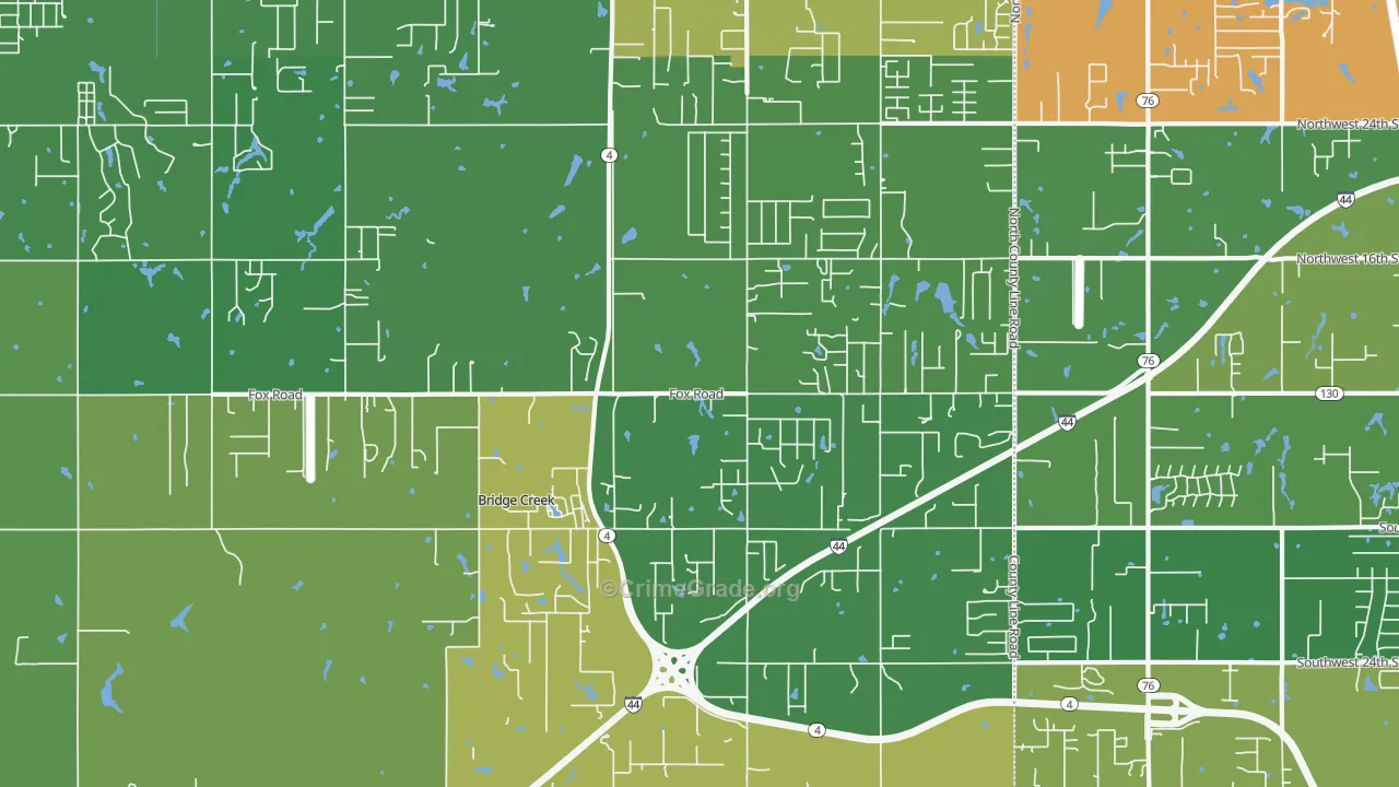 Bridge Creek, OK Map of Theft Rates