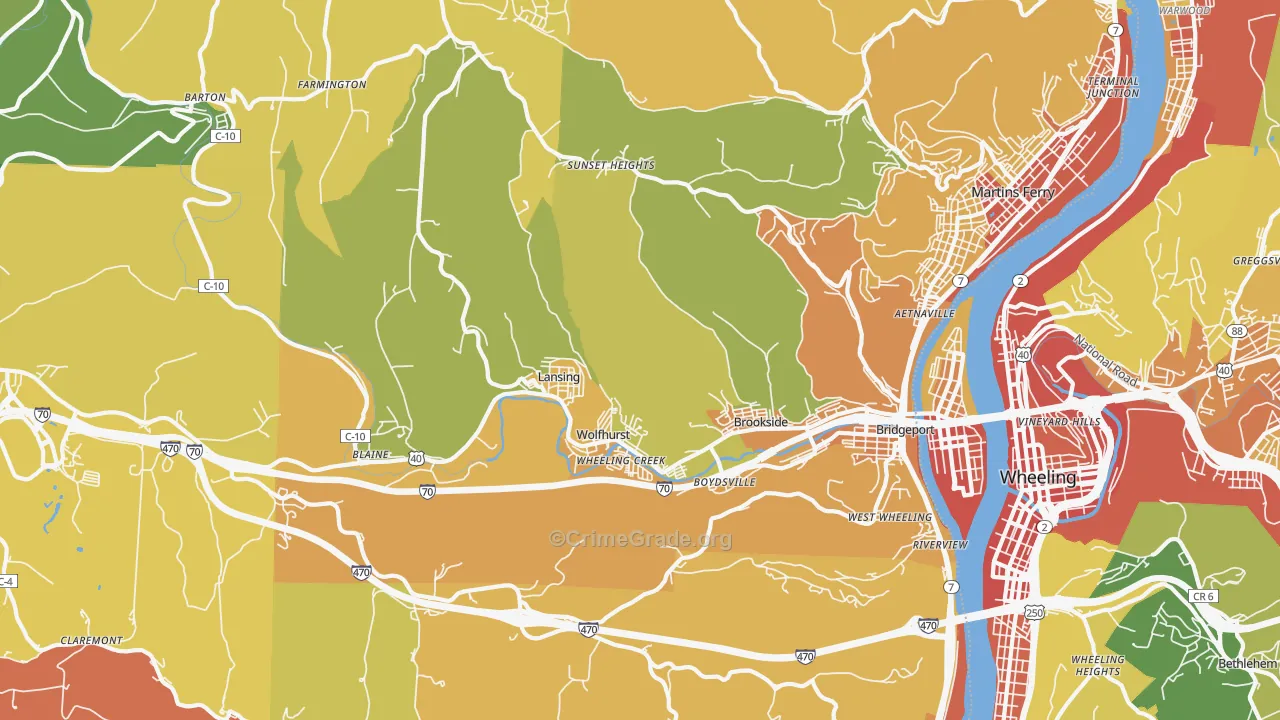 Bridgeport, OH Map of Theft Rates
