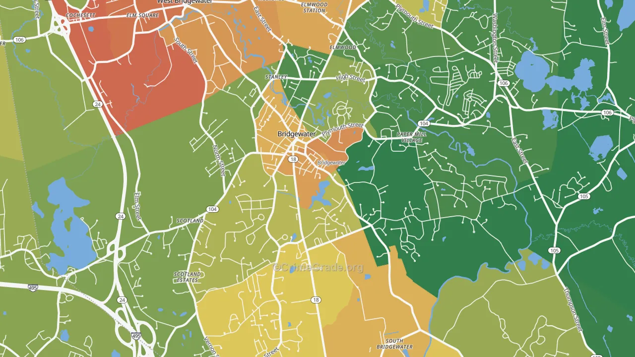 Bridgewater, MA Map of Theft Rates