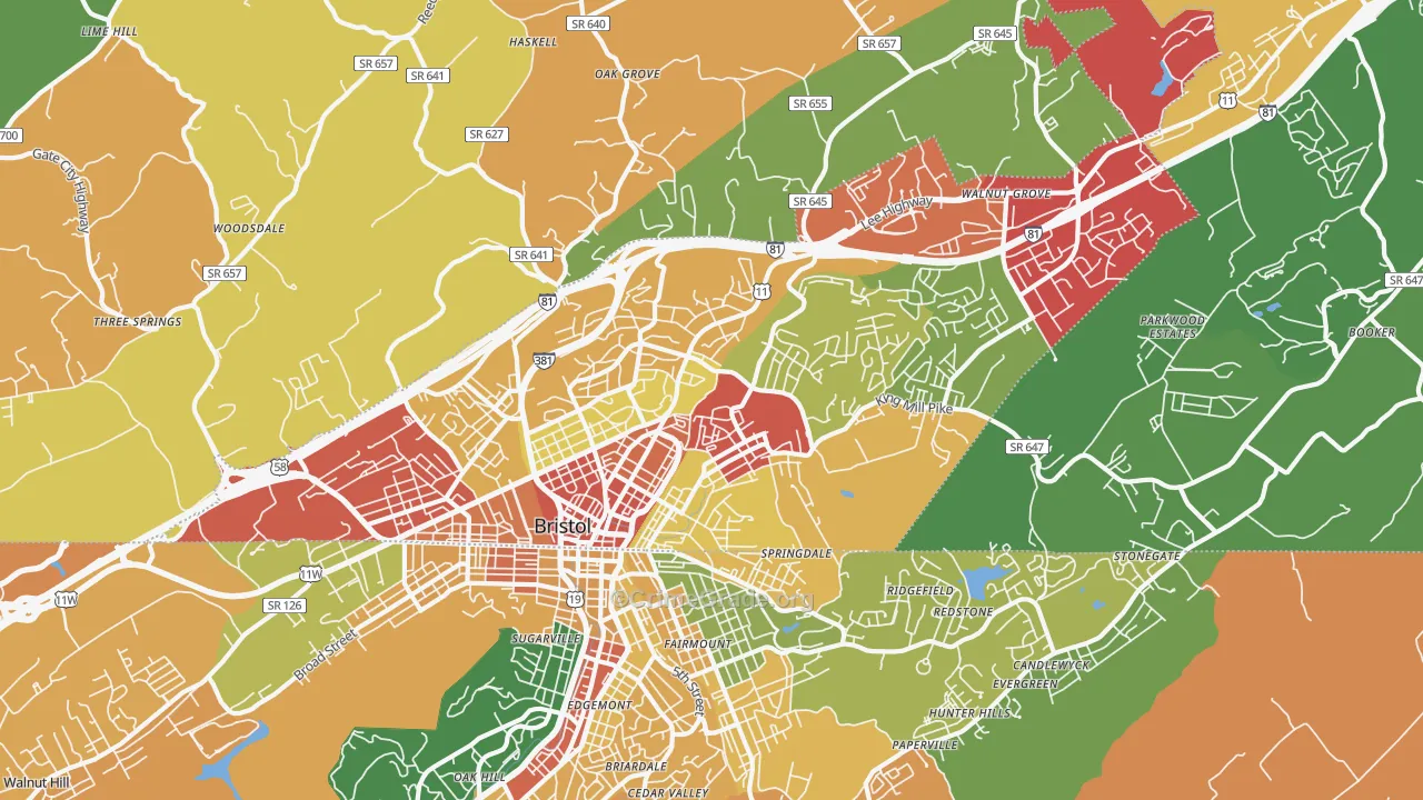Bristol City, VA Map of Theft Rates
