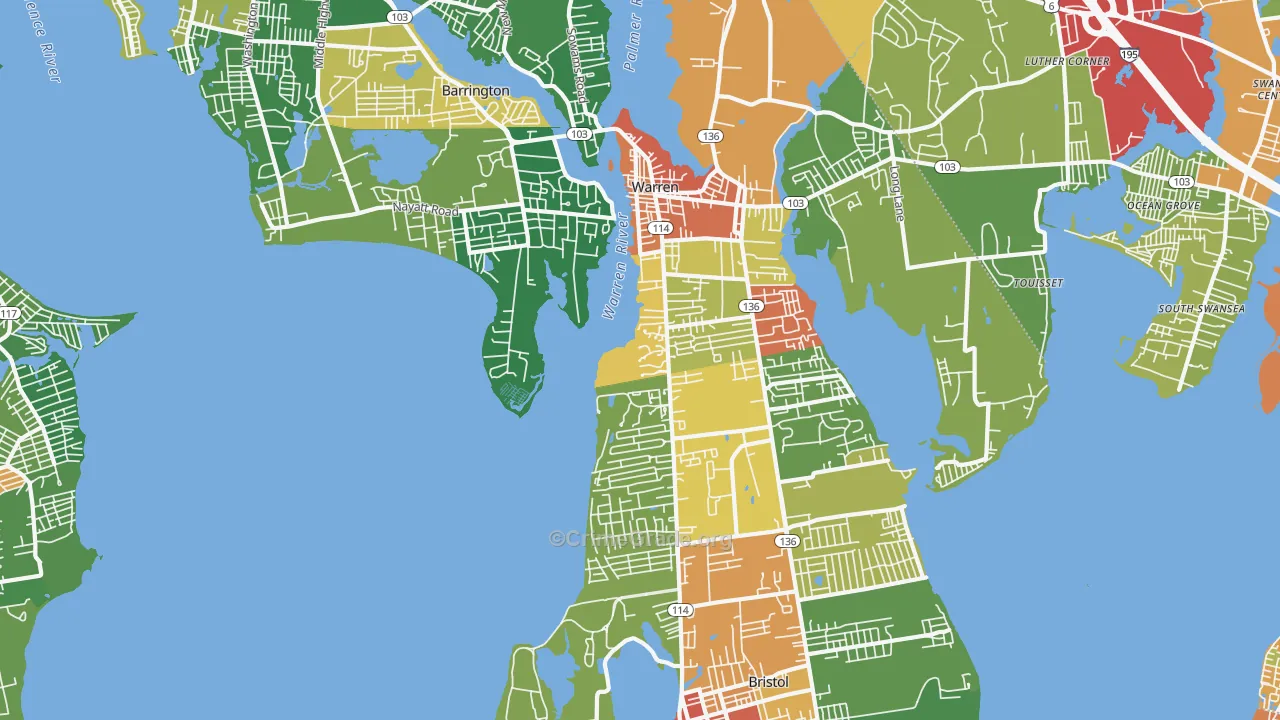 Bristol County, RI Map of Theft Rates