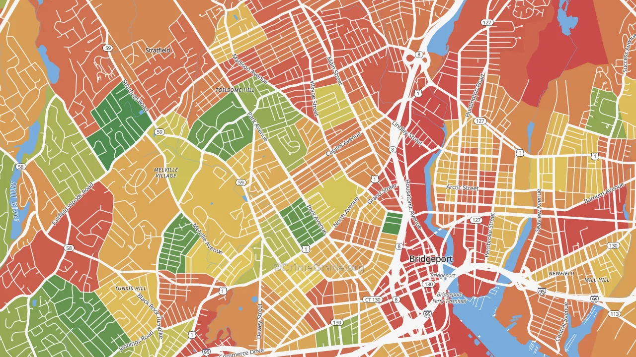 Brooklawn-St. Vincent, Bridgeport, CT Map of Theft Rates