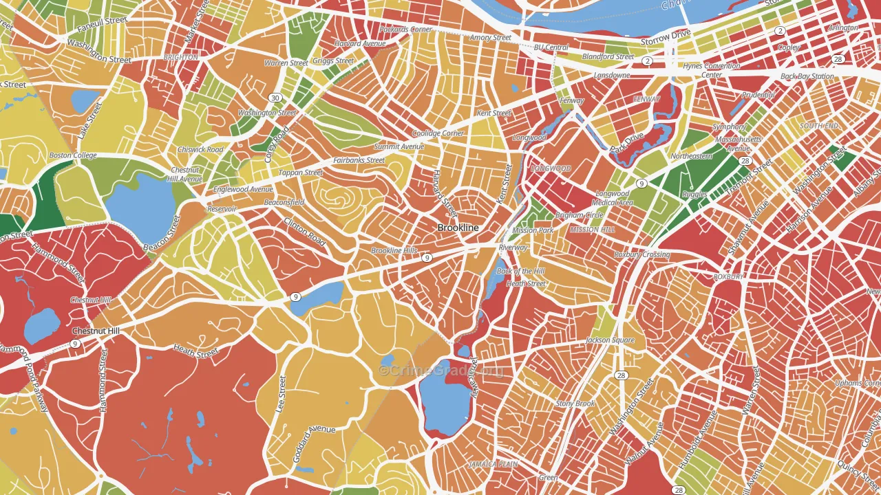 Brookline Village, Brookline, MA Map of Theft Rates