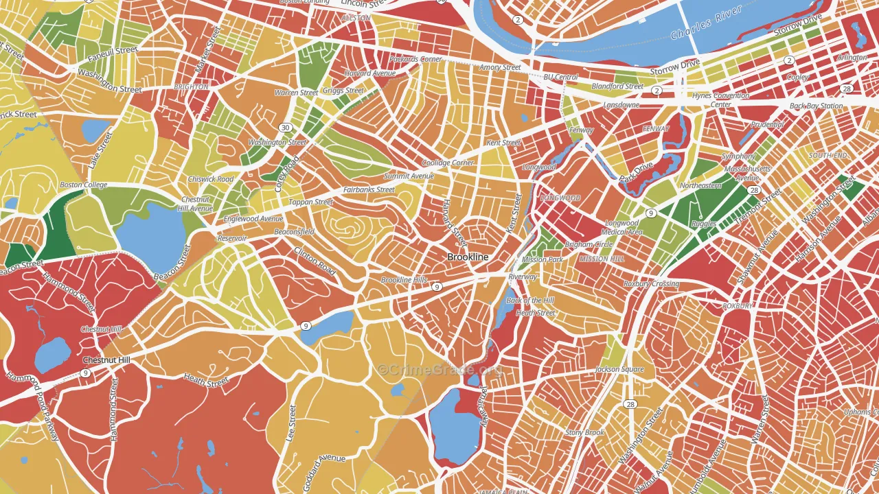 Brookline Village Commercial District, Brookline, MA Map of Theft Rates