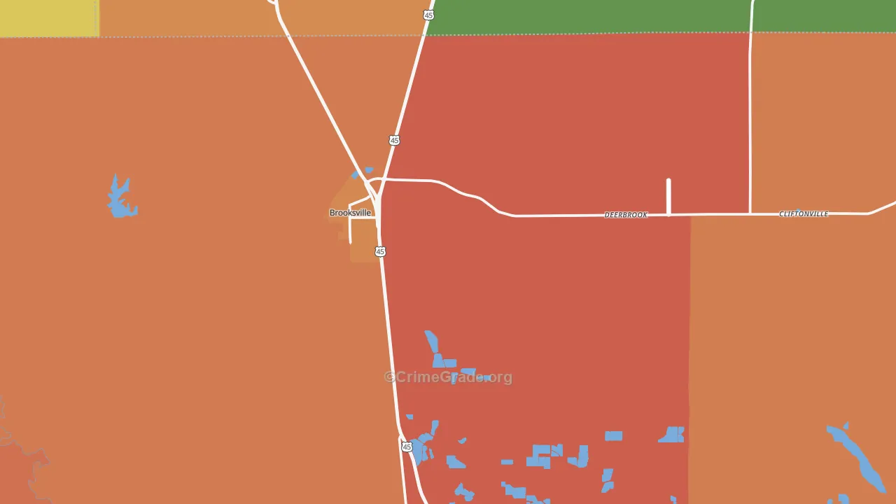 Brooksville, MS Map of Theft Rates
