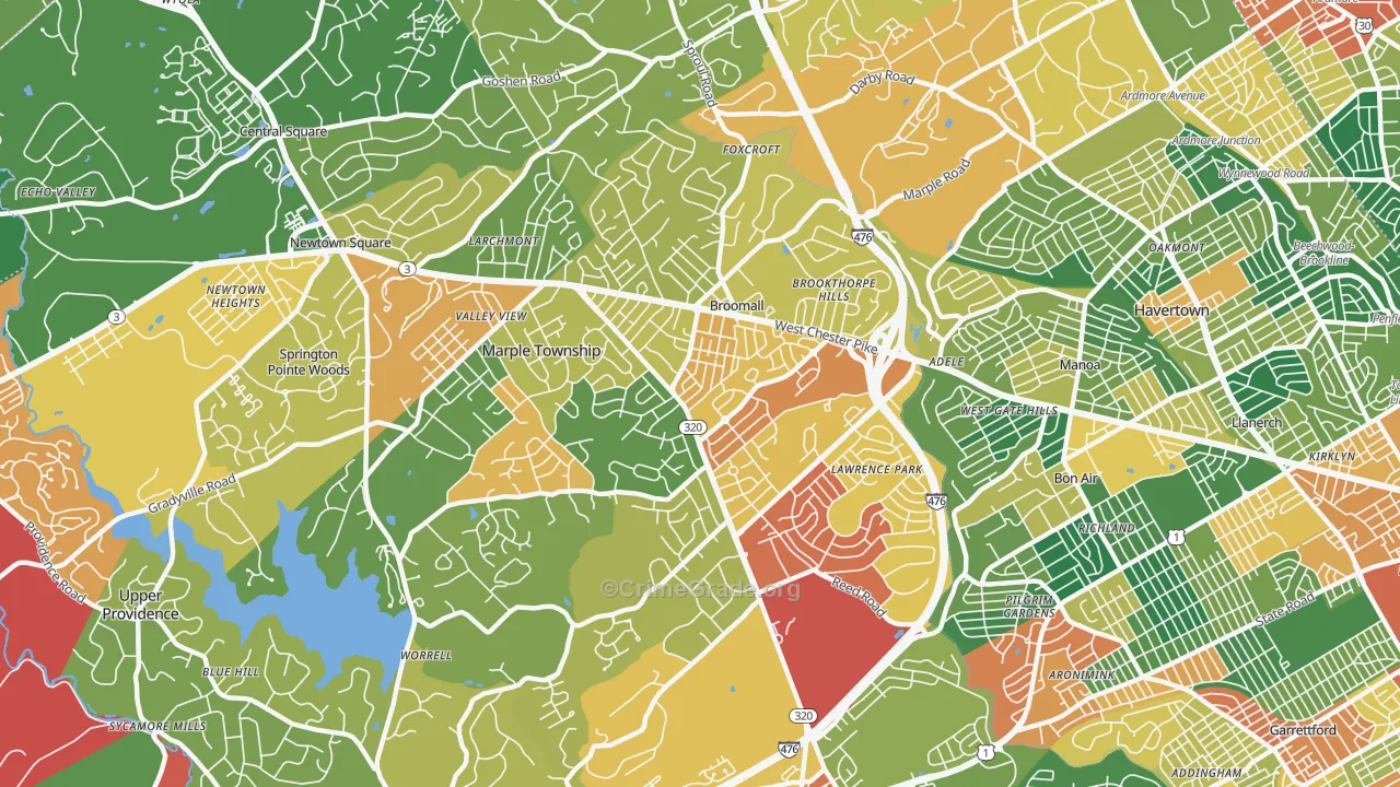 Broomall, PA Map of Theft Rates