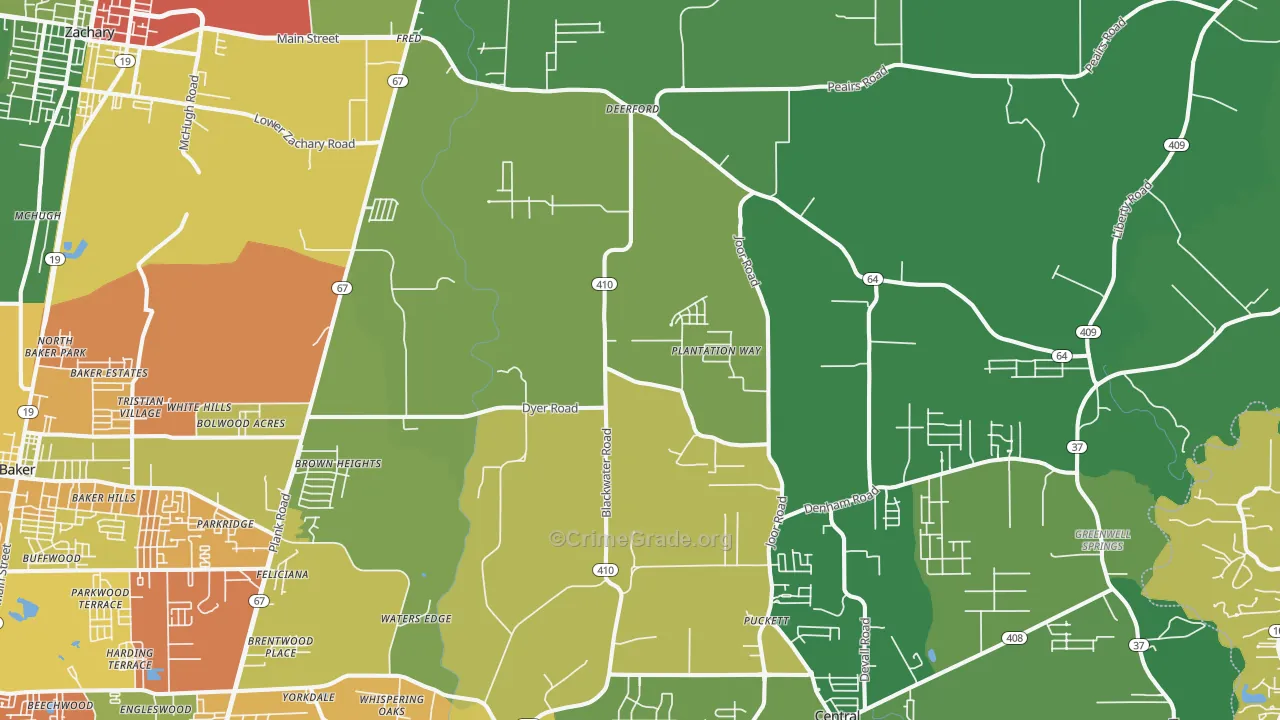Brownsfield-Central, Baton Rouge, LA Map of Theft Rates