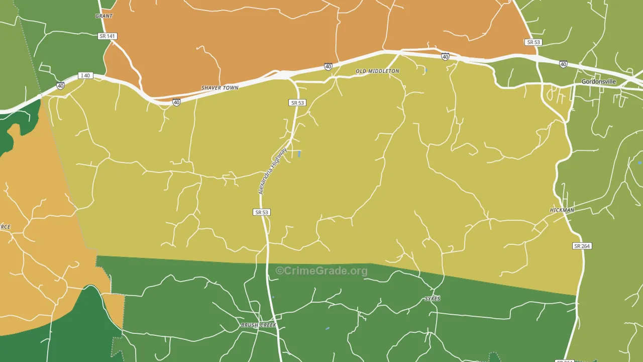 Brush Creek, TN Map of Theft Rates
