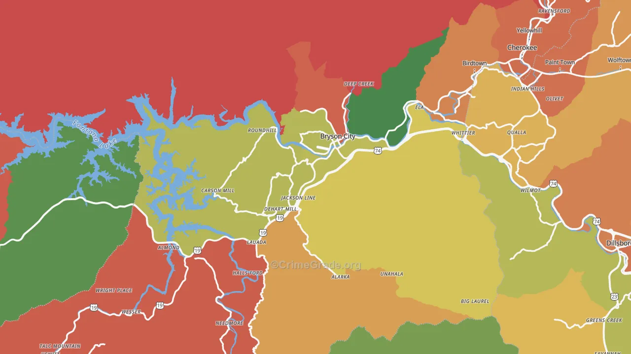 Bryson City, NC Map of Theft Rates