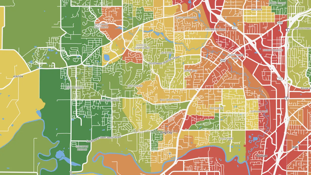 Bull Mountain, Tigard, OR Map of Theft Rates