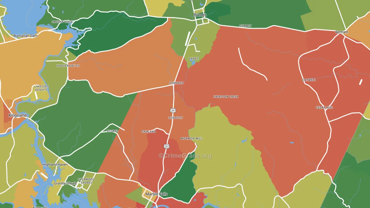 Burnet County, TX Map of Theft Rates