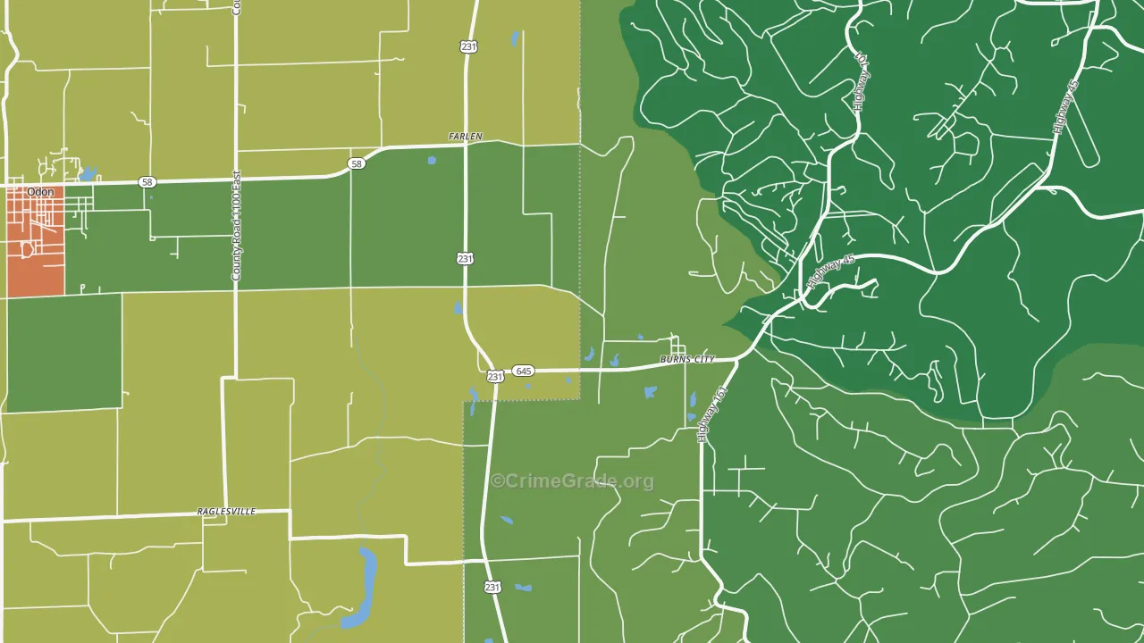 Burns City, IN Map of Theft Rates