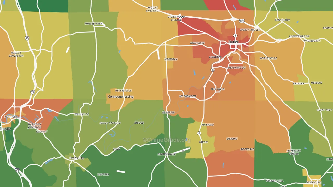 Butler County, PA Map of Theft Rates