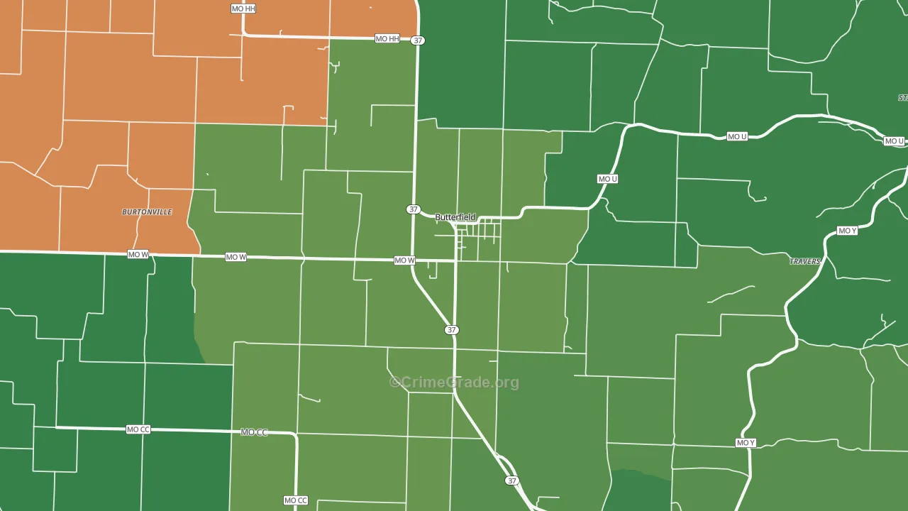 Butterfield, MO Map of Theft Rates