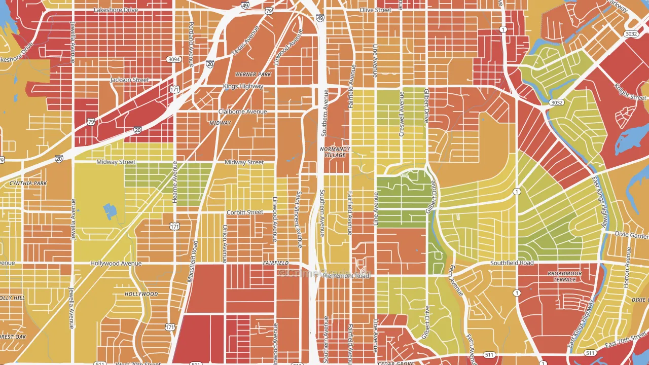 Caddo Heights-South Highlands, Shreveport, LA Map of Theft Rates