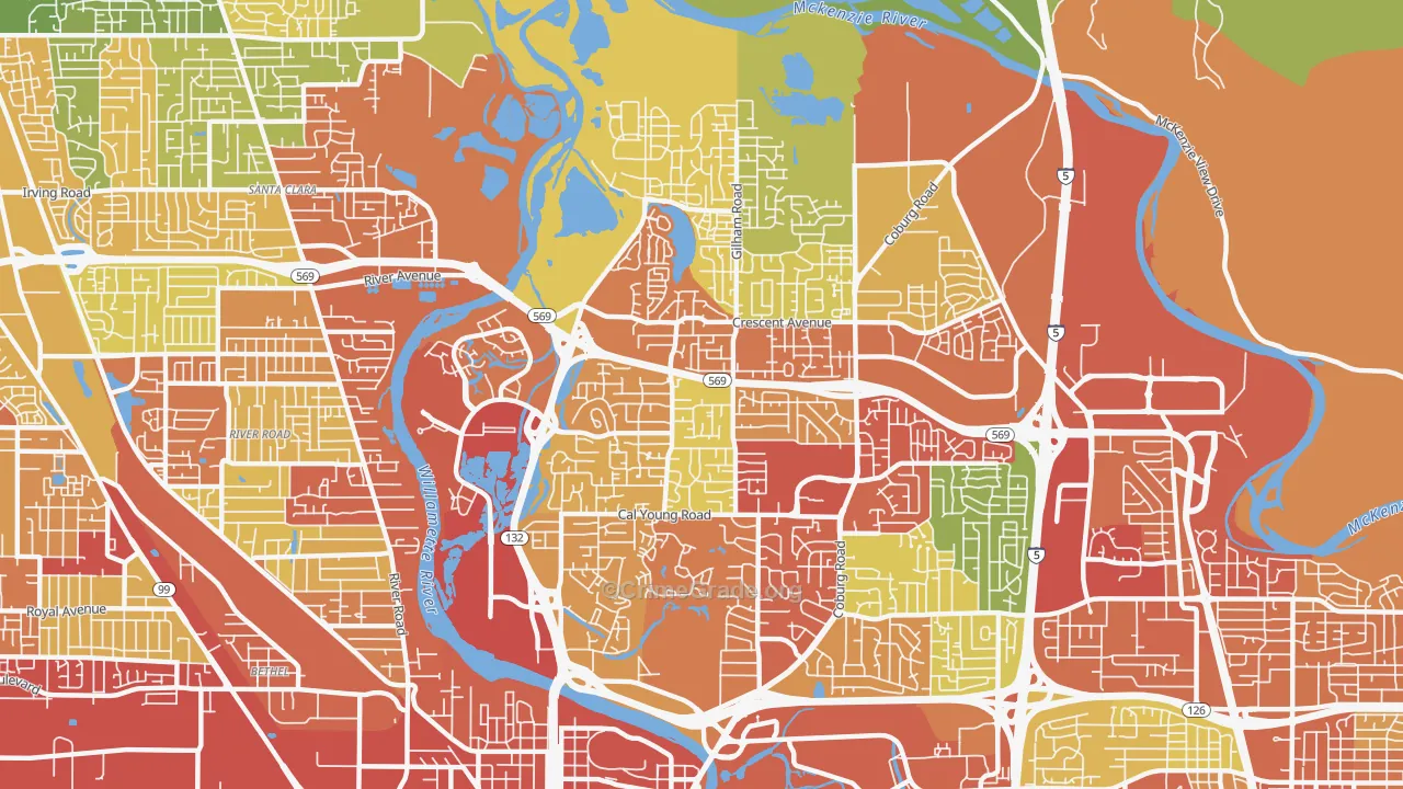 Cal Young, Eugene, OR Map of Theft Rates