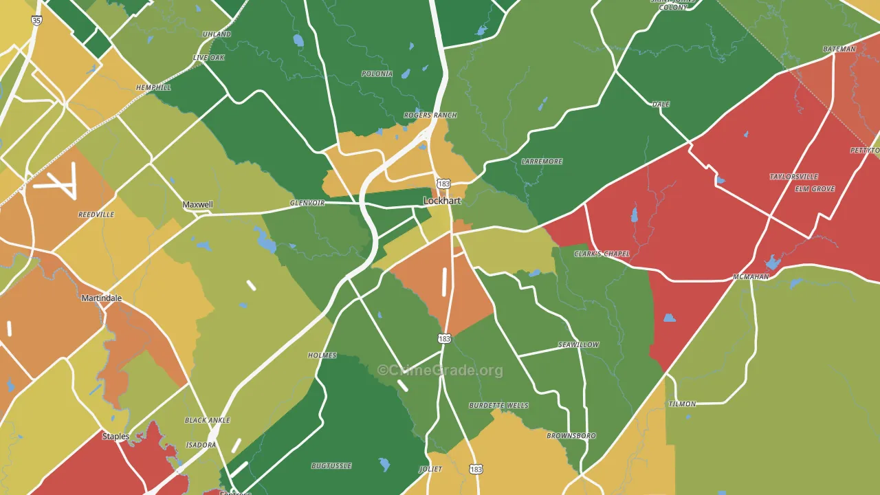 Caldwell County, TX Map of Theft Rates