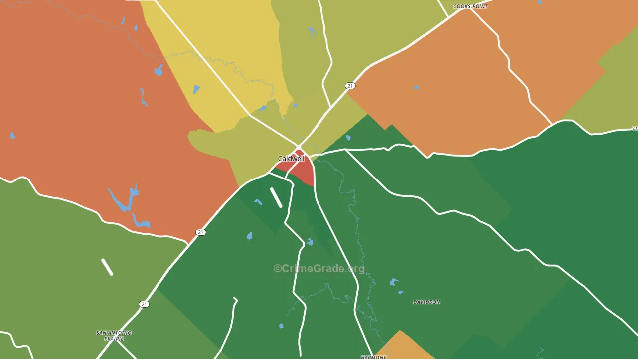 Caldwell, TX Map of Theft Rates