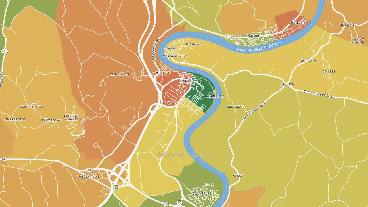 California, PA Map of Theft Rates