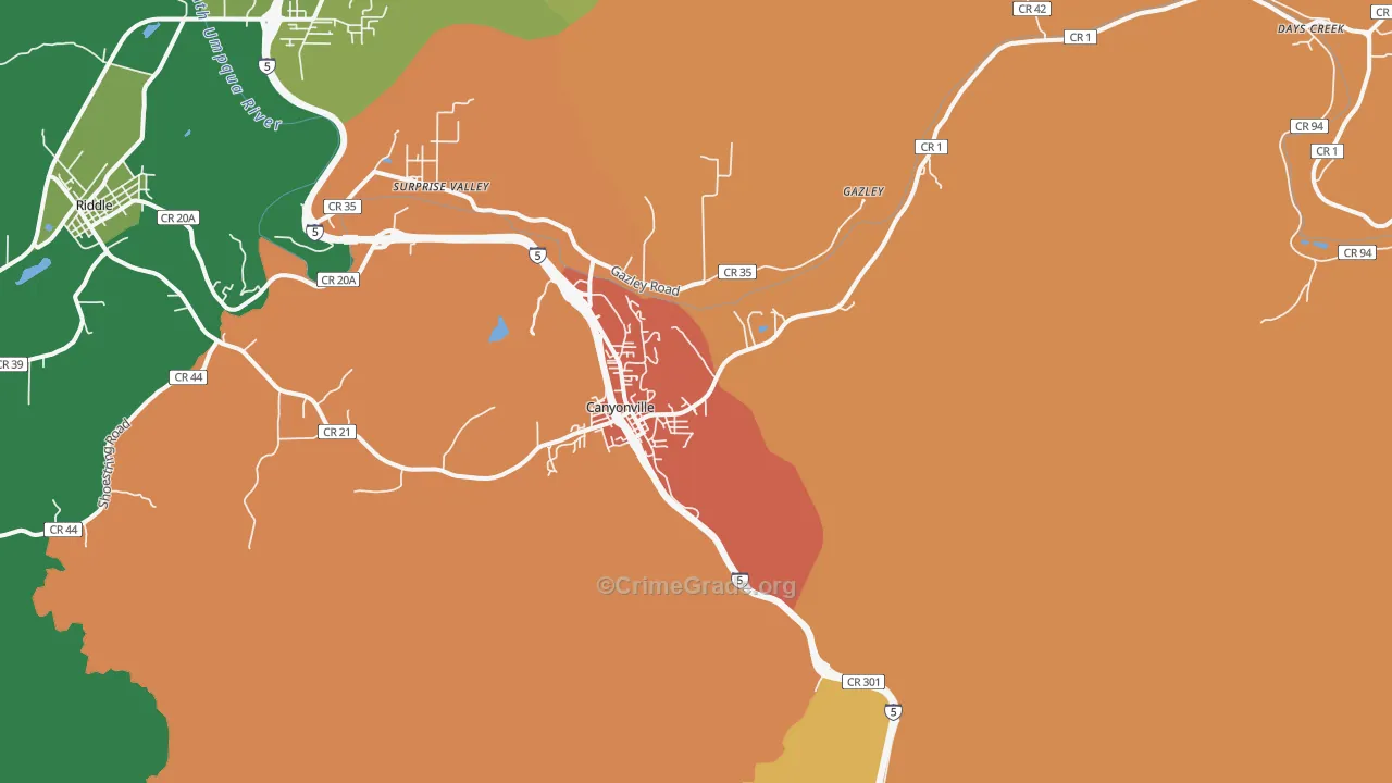 Canyonville, OR Map of Theft Rates