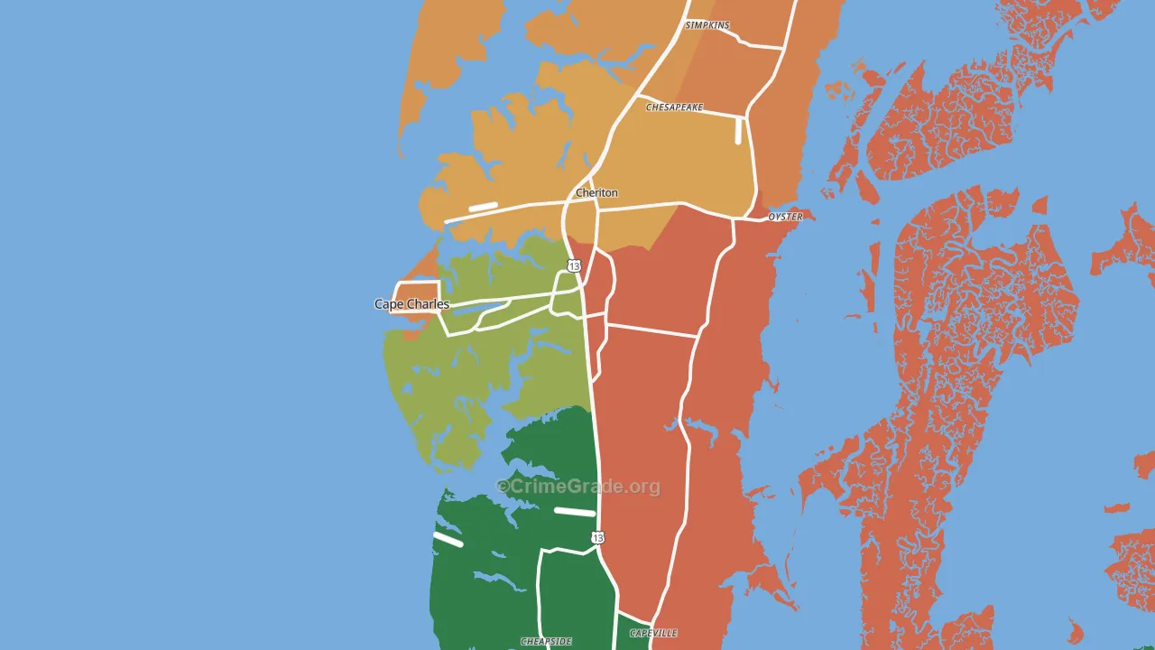 Cape Charles, VA Map of Theft Rates