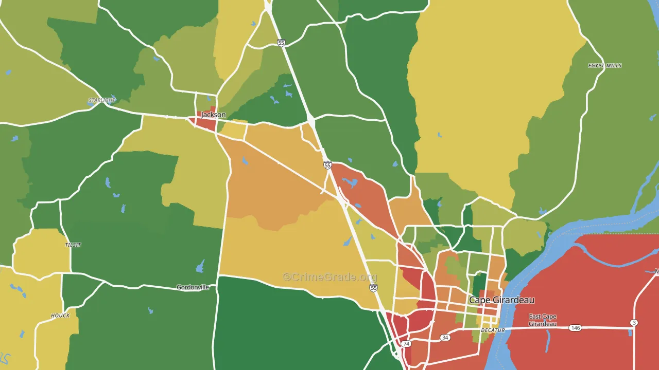Cape Girardeau County, MO Map of Theft Rates