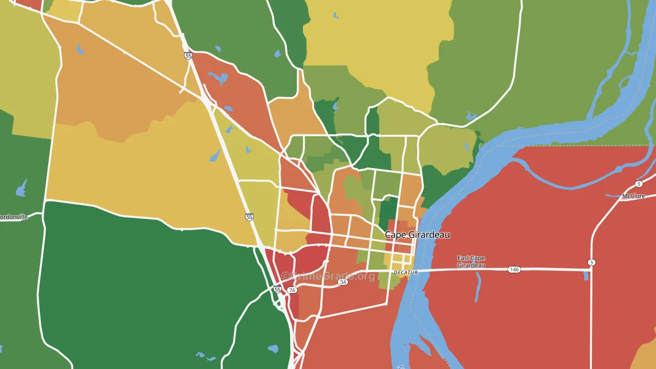Cape Girardeau, MO Map of Theft Rates