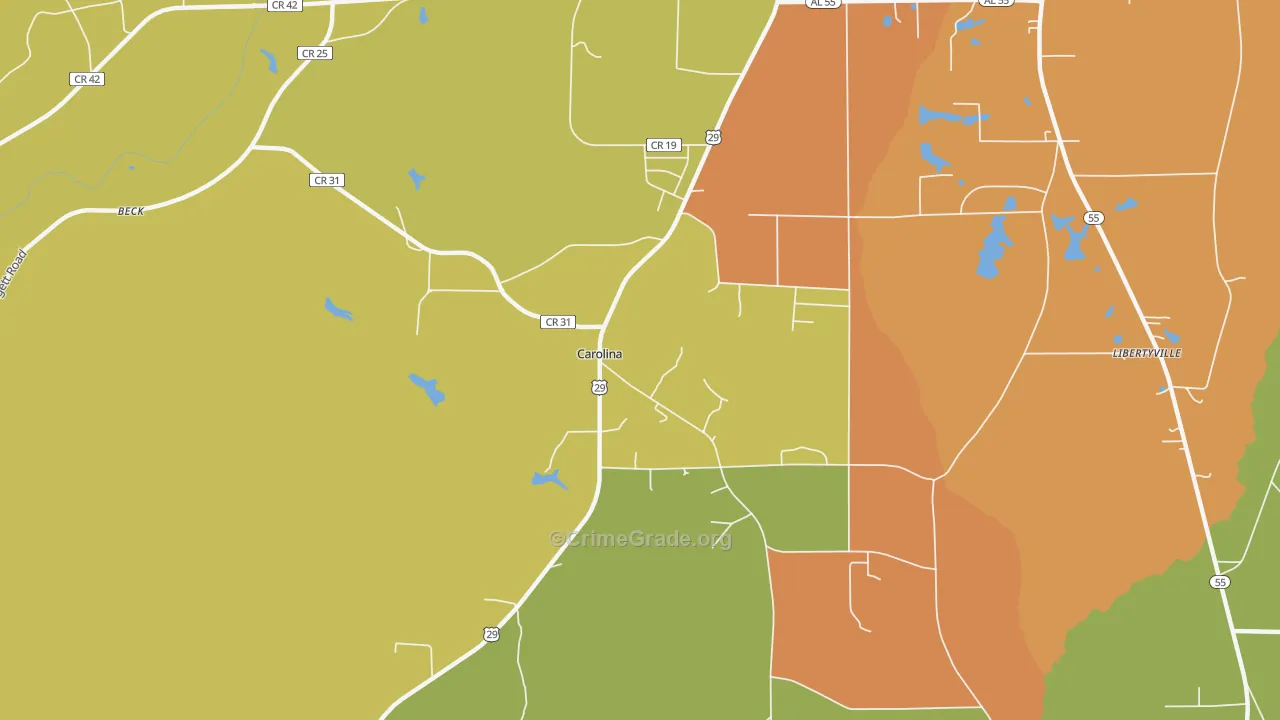 Carolina, AL Map of Theft Rates