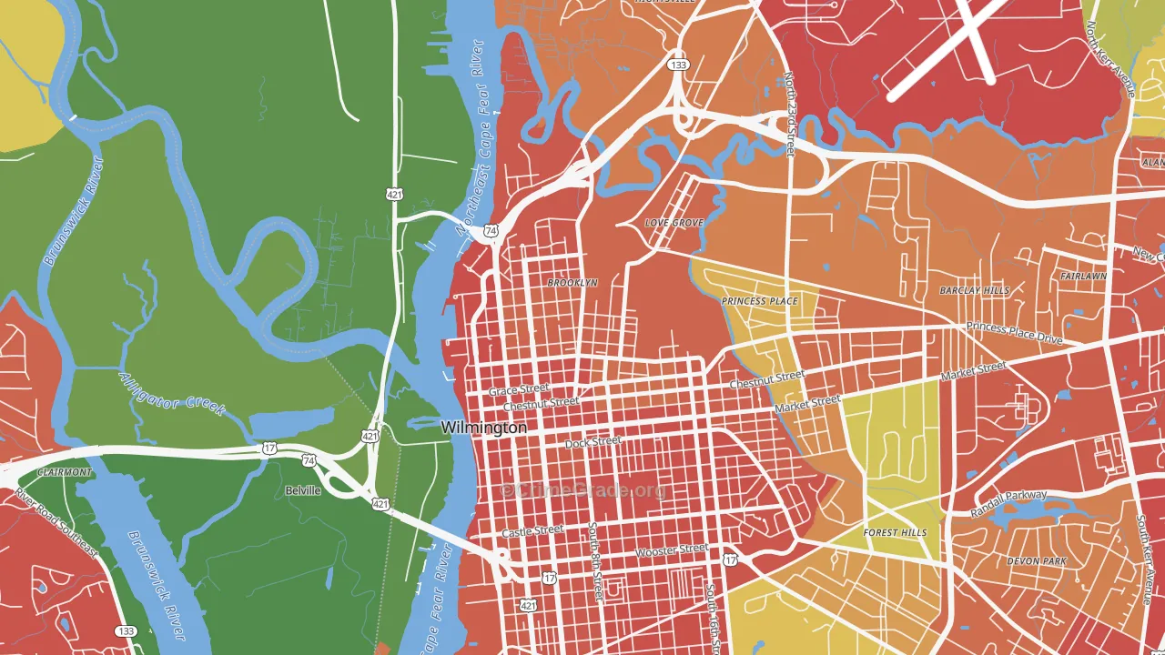 Carolina Heights, Wilmington, NC Map of Theft Rates