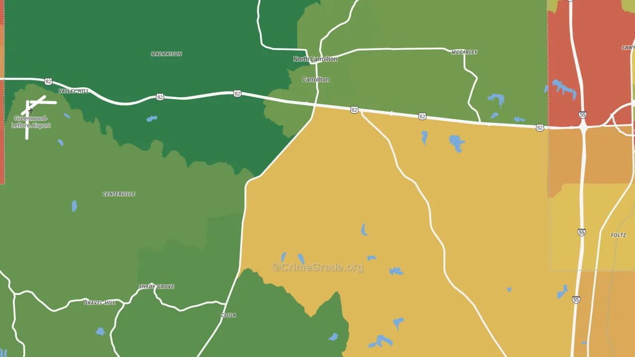 Carroll County, MS Map of Theft Rates