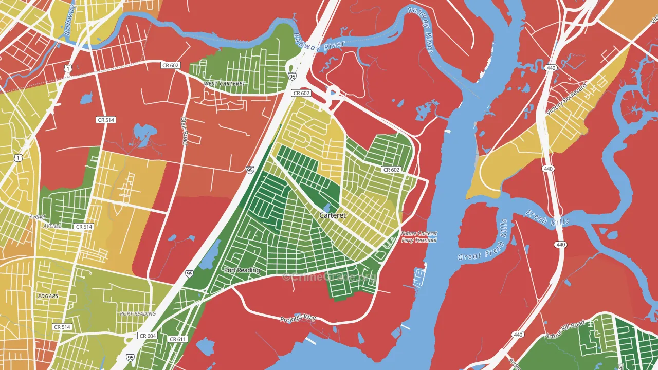 Carteret, NJ Map of Theft Rates