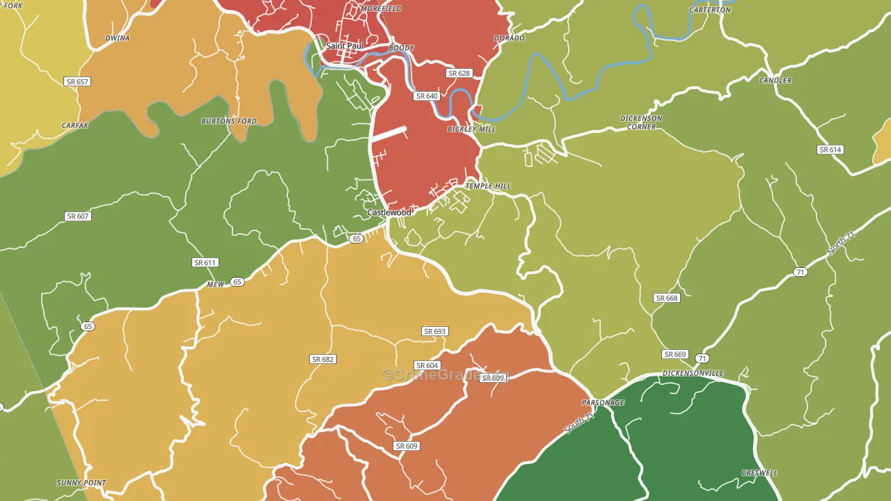 Castlewood, VA Map of Theft Rates